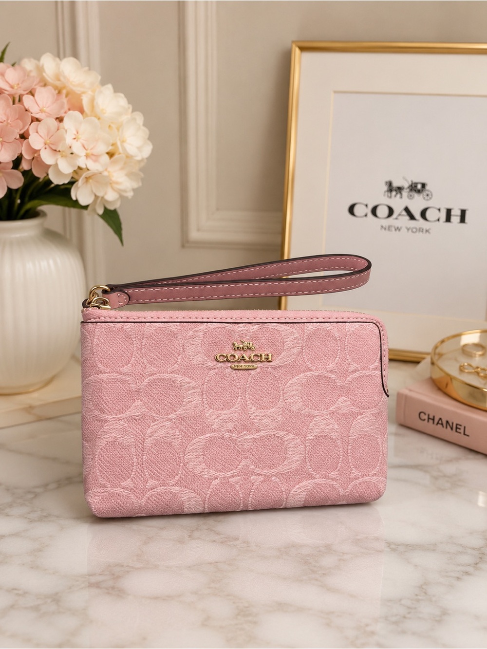 Coach Pink Signature Denim Canvas Wristlet with Gold Logo